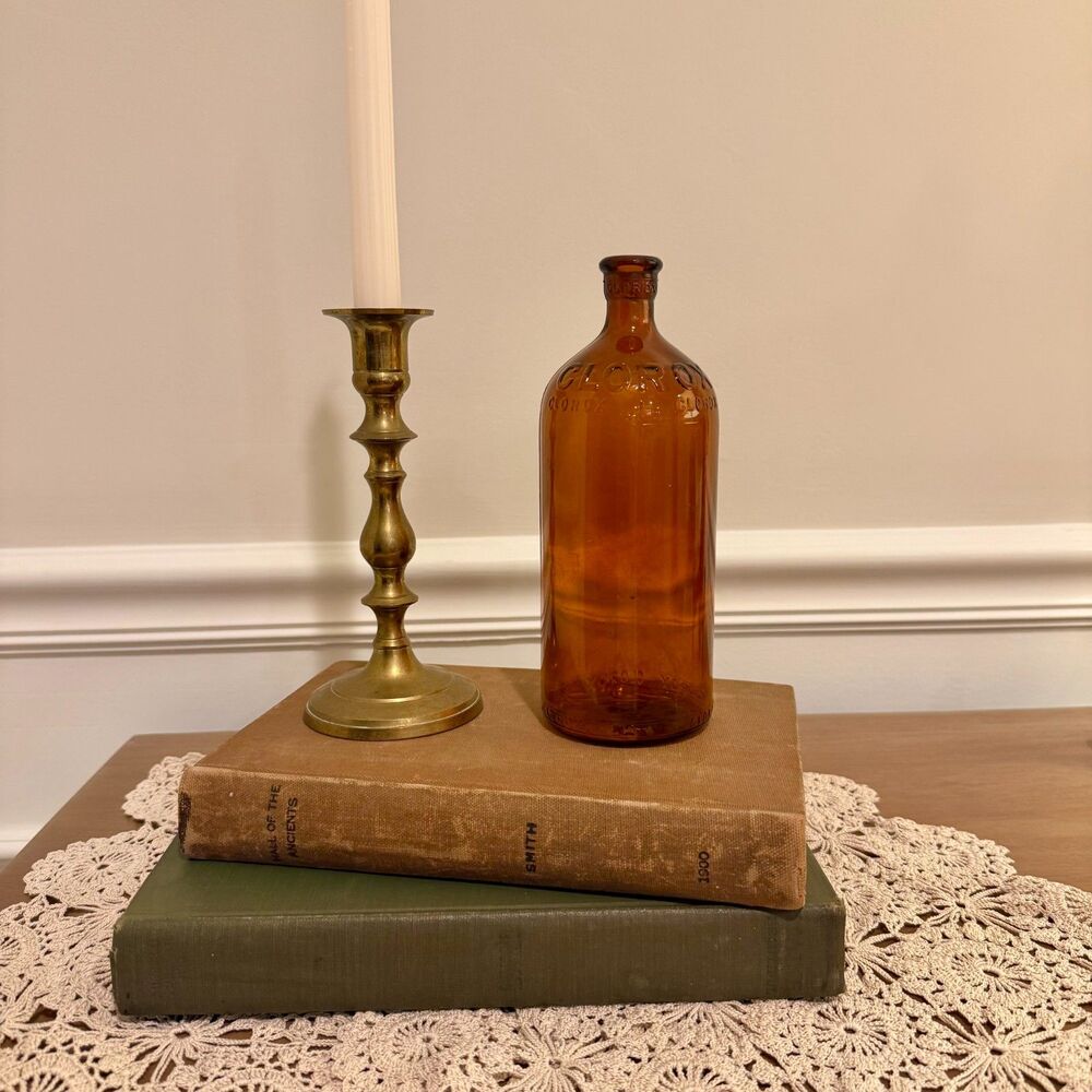 Vintage 1940s Amber Glass Clorox Bleach Bottle 16oz Pint Size - Farmhouse Decor